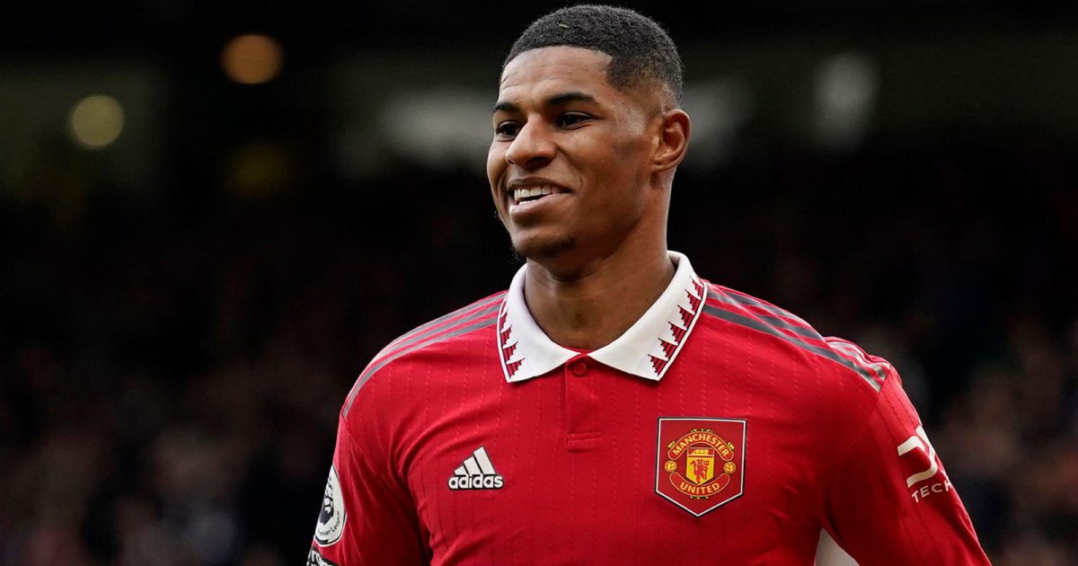 Manchester United's Marcus Rashford celebrates after scoring his side's second goal during the English Premier League soccer match between Manchester United and Leicester City at the Stamford Bridge stadium in Manchester, England, Sunday, Feb. 19, 2023.