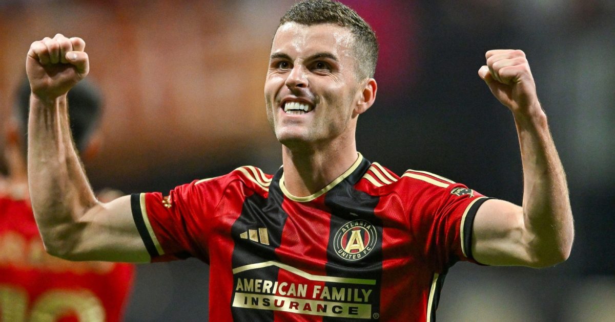 Atlanta defender Brooks Lennon (11) reacts after scoring a first-half goal during the American Family Insurance Cup match between Toluca FC and Atlanta United FC on February 15th, 2023 at Mercedes-Benz Stadium in Atlanta, GA.