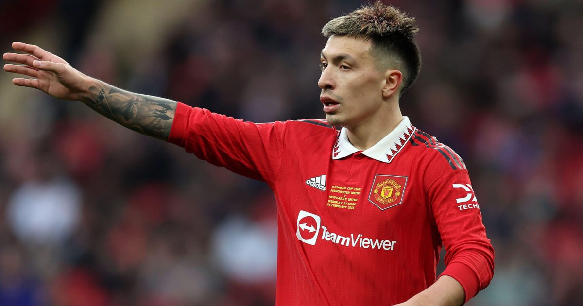 London, UK. 26th Feb, 2023. Lisandro Martínez of Manchester Utd looks on. Carabao Cup final 2023, Manchester Utd v Newcastle Utd at Wembley Stadium in London on Sunday 26th February 2023.
