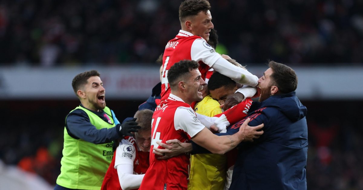 Arsenal players celebrate their late winner against Bournemouth at Emirates Stadium, London, March 2023.