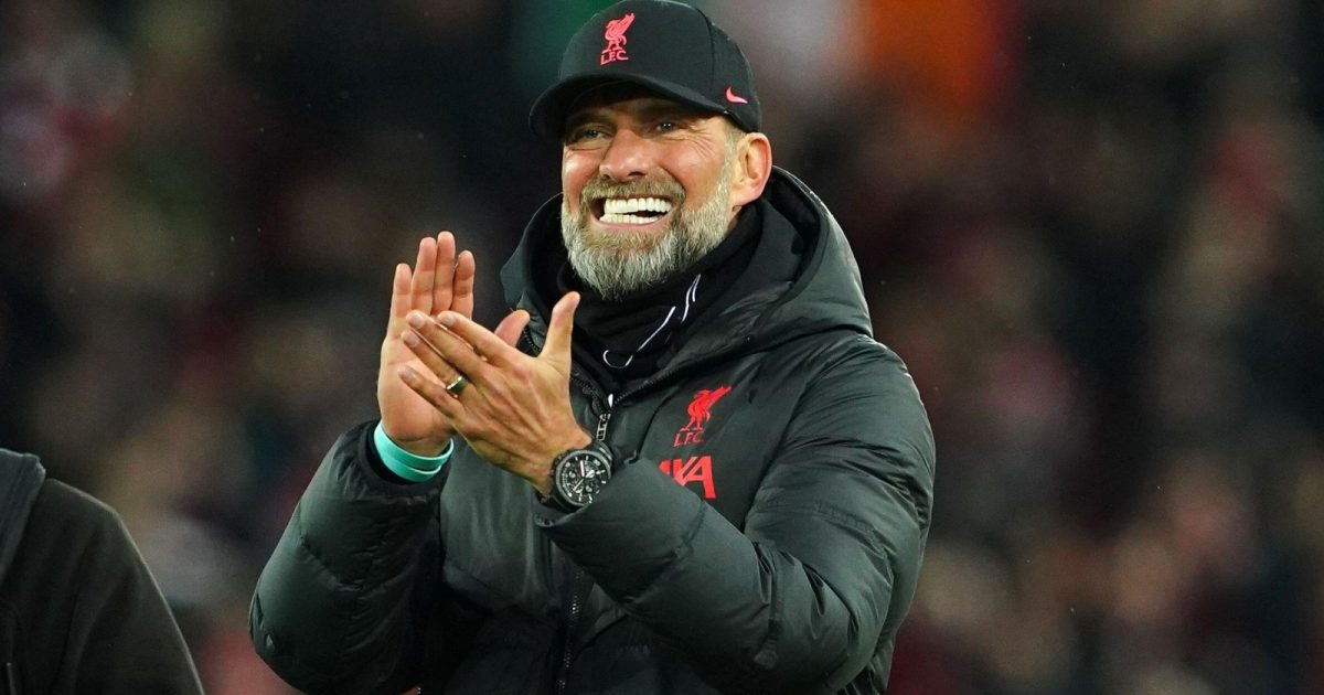 Jurgen Klopp celebrates Liverpool's historic 7-0 victory over Manchester United at Anfield, Liverpool, March 2023.