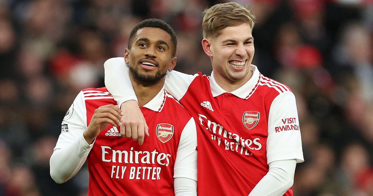 London, England, 4th March 2023. Reiss Nelson of Arsenal celebrates with Emile Smith Rowe of Arsenal during the Premier League match at the Emirates Stadium