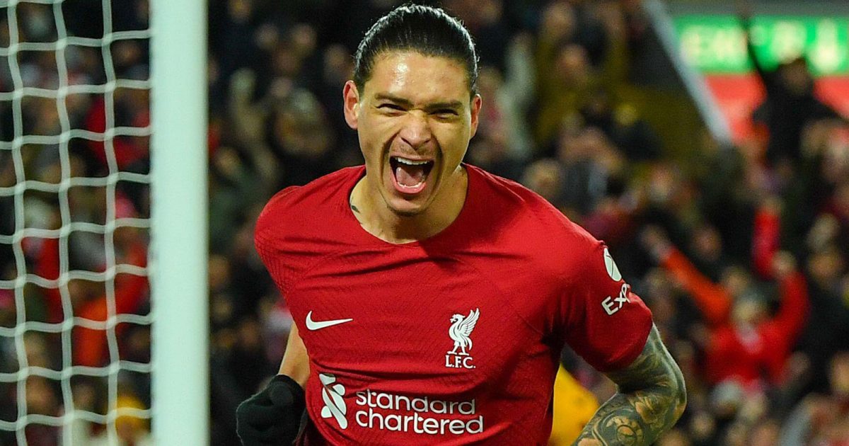 Darwin Nunez of Liverpool scores the equalising goal (1-1) during the The FA Cup match at Anfield, Liverpool.