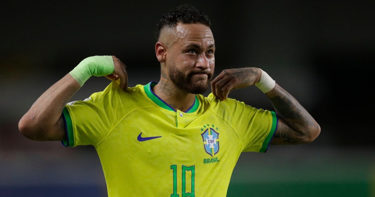 Brazil's Neymar celebrates scoring his side's 5th goal against Bolivia during a qualifying soccer match for the FIFA World Cup 2026 at Mangueirao stadium in Belem, Brazil, Friday, Sept. 8, 2023.