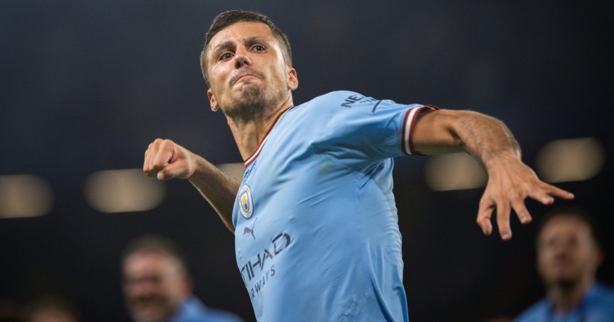 Rodri celebrates scoring for Manchester City against Internazionale in the 2023 UEFA Champions League final in Istanbul, Turkey, June 2023.
