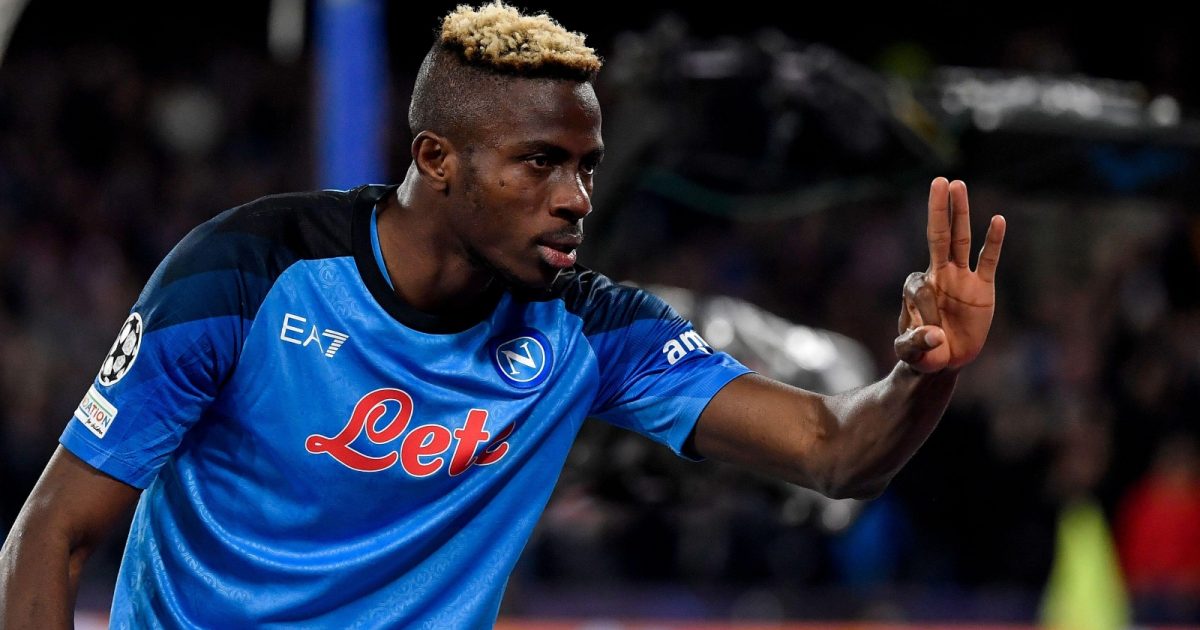 Victor Osimhen celebrates scoring for Napoli against Eintracht Frankfurt in their UEFA Champions League match at Stadio Diego Armando Maradona, Naples, March 2023.