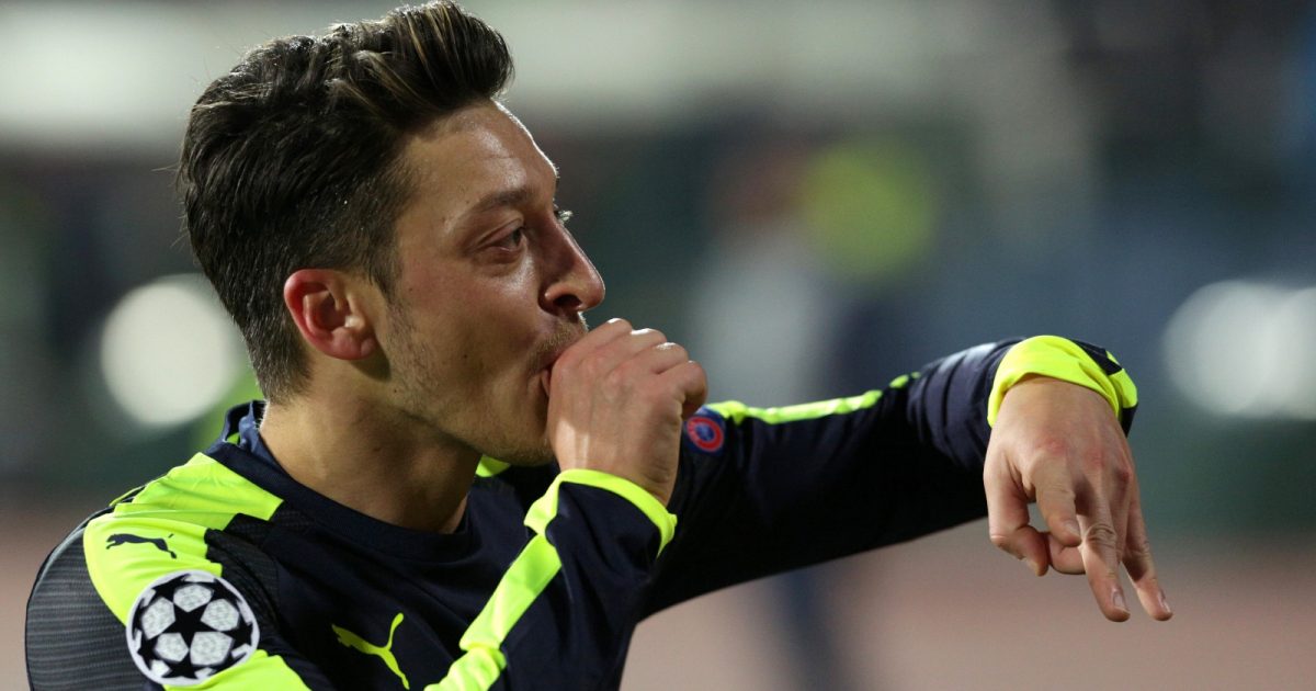 Mesut Ozil celebrates scoring for Arsenal against Ludogorets in Sofia, Bulgaria, November 2016.