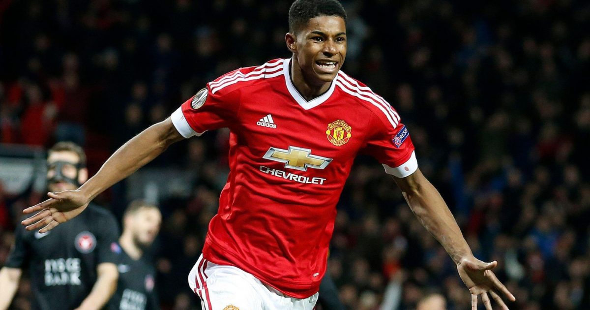 United’s Marcus Rashford celebrates after scoring during the Europa League round of 32 second leg soccer match between Manchester United and FC Midtjylland in Manchester, England, Thursday, Feb. 25, 2016 .
