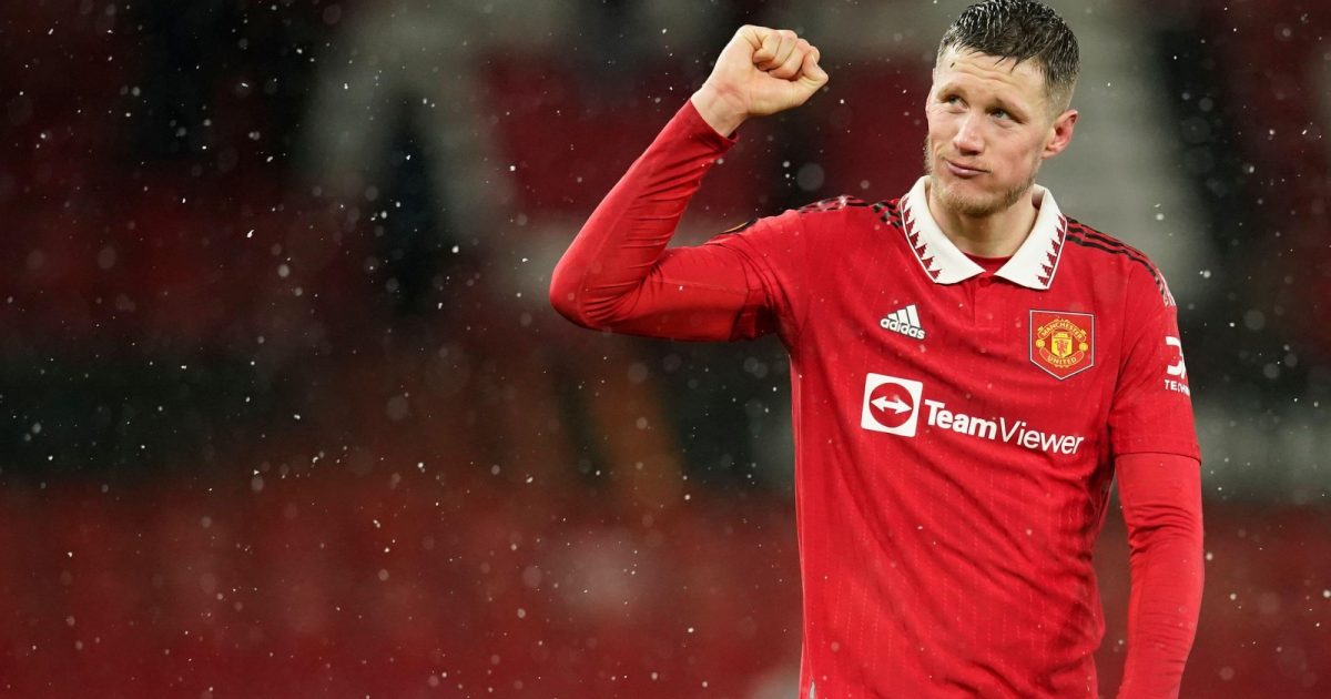 Manchester United's Wout Weghorst greets supporters after the Europa League victory over Real Betis at Old Trafford, Manchester, March 2023.