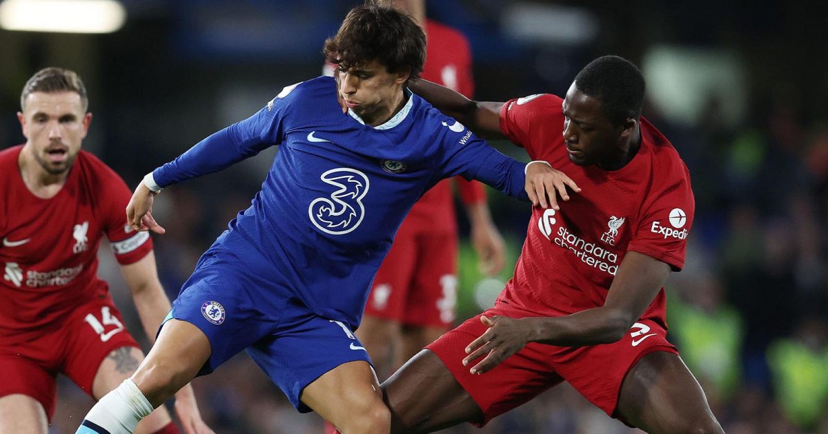 Joao Felix of Chelsea is challenged by Ibrahima Konaté of Liverpool during the Premier League match at Stamford Bridge, London.