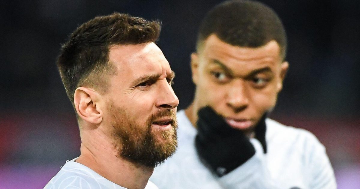 Lionel (Leo) MESSI of PSG and Kylian MBAPPE of PSG during the Ligue 1 match between Paris Saint-Germain (PSG) and Olympique Lyonnais (OL) at Parc des Princes Stadium on April 02, 2023 in Paris, France.