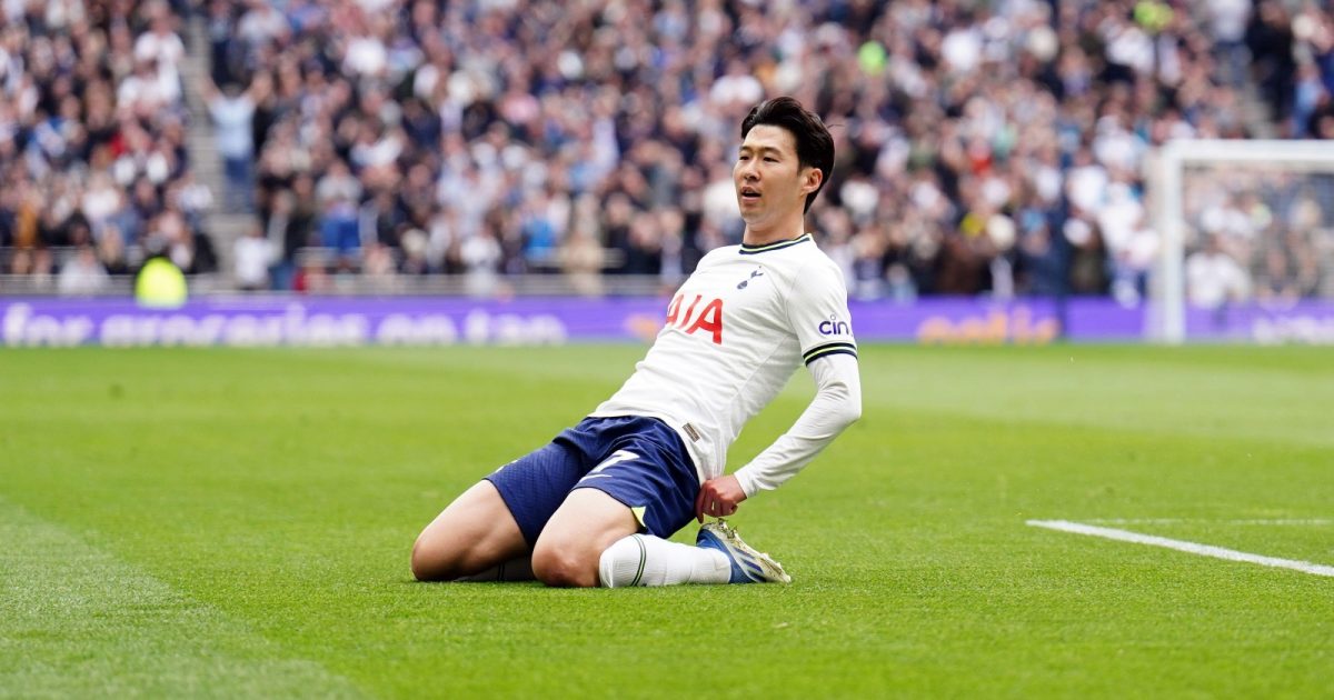 Tottenham Hotspur's Son Heung-min celebrates scoring their side's first goal of the game during the Premier League match at the Tottenham Hotspur Stadium, London, April 2023.