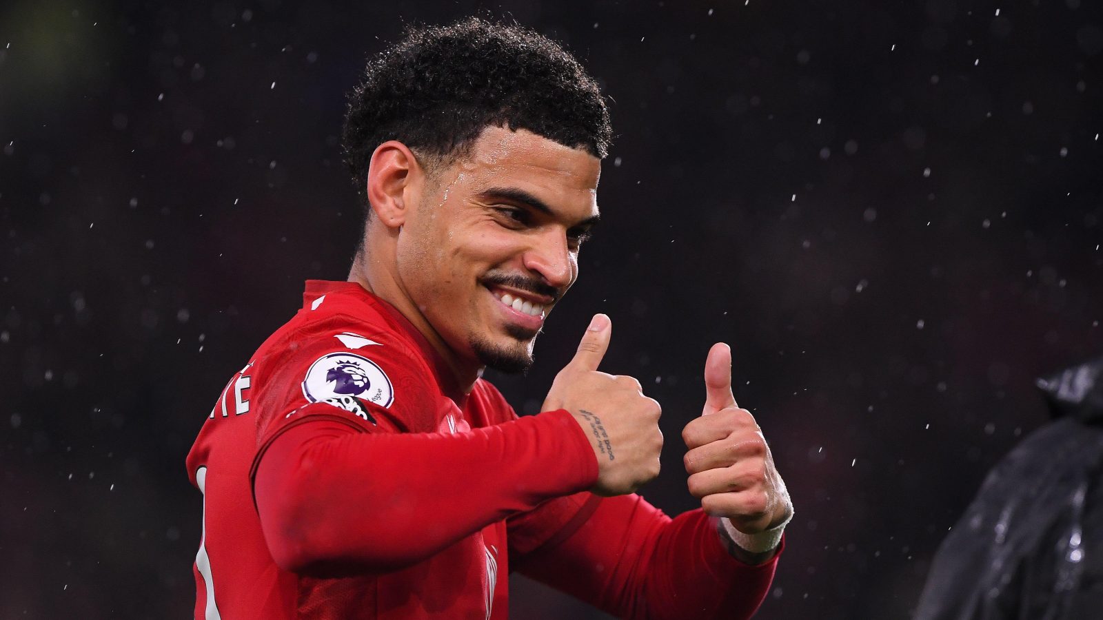 Morgan Gibbs-White of Nottingham Forest gives a thumbs-up to the TV camera during the Premier League match between Nottingham Forest and Southampton at the City Ground, Nottingham on Monday 8th May 2023.