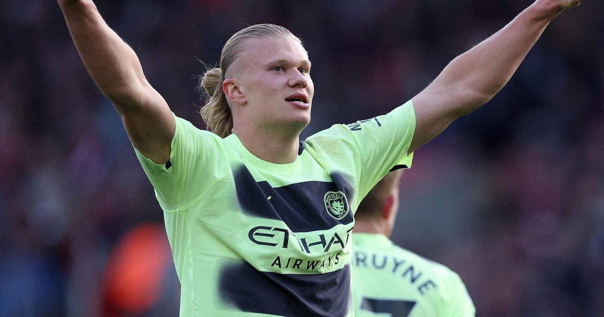 Erling Haaland of Manchester City celebrates after scoring to make it 3-0 during the Premier League match at St Mary's Stadium, Southampton.
