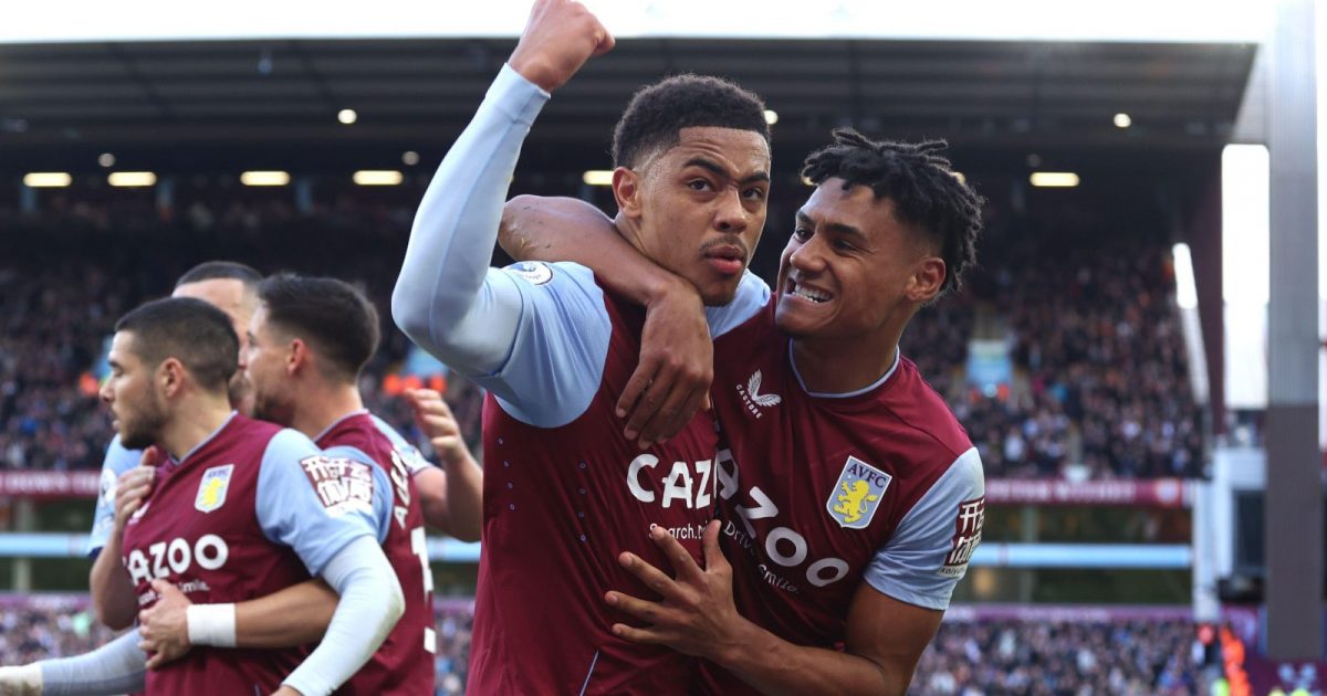 Birmingham, UK. 18th Mar, 2023. Ollie Watkins (AV), right, congratulates Jacob Ramsey (AV) after he scored the second Villa goal (2-0) at the Aston Villa v AFC Bournemouth EPL match, at Villa Park, Birmingham, UK on 18th March, 2023.