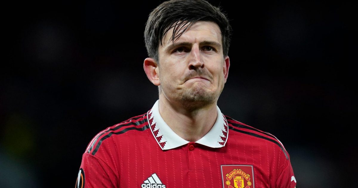 Manchester, UK. 13th Apr, 2023. Harry Maguire of Manchester United leaves the game dejected after surrendering a two goal lead during the UEFA Europa League match at Old Trafford, Manchester.