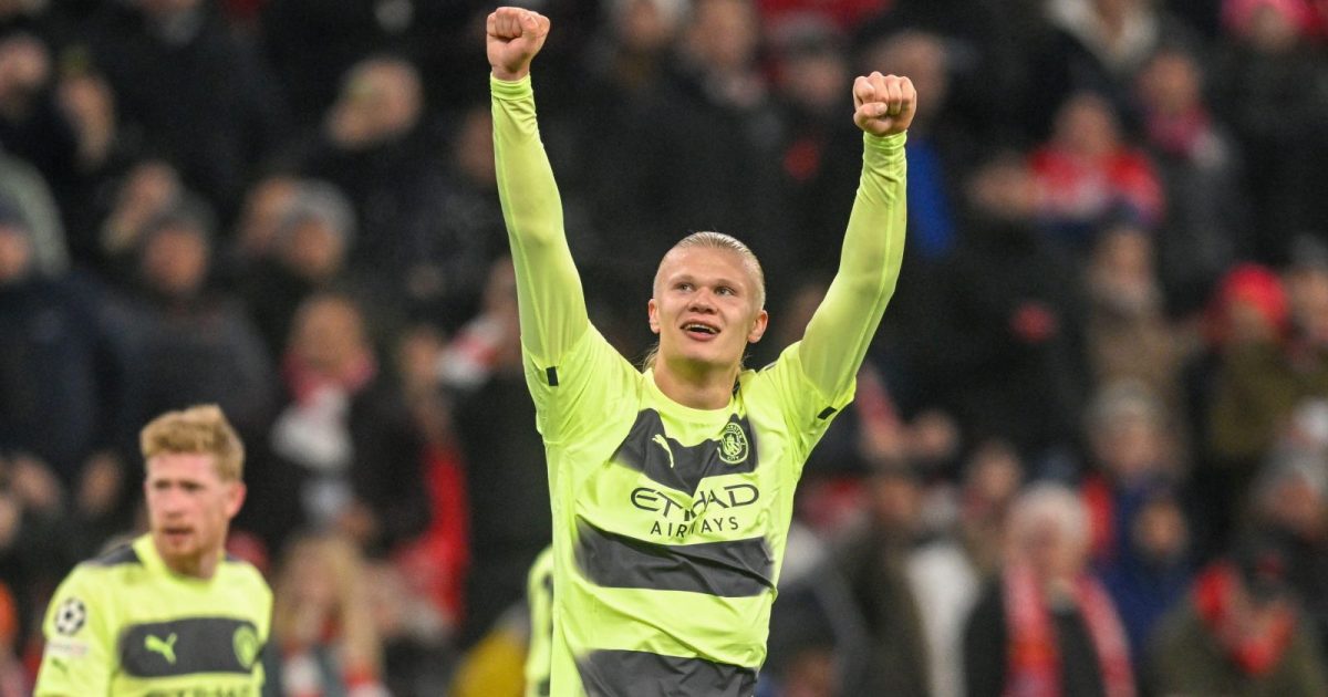 Manchester City's Erling Haaland celebrates after scoring his side's opening goal during the Champions League quarter finals second leg soccer match between Bayern Munich and Manchester City, at the Allianz Arena stadium in Munich, Germany, Wednesday, April 19, 2023.