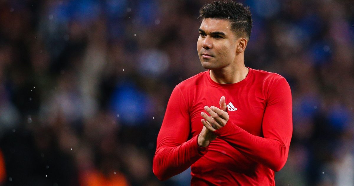 Casemiro celebrates after the FA Cup semi-final between Brighton & Hove Albion and Manchester United at Wembley Stadium, London, April 2023.