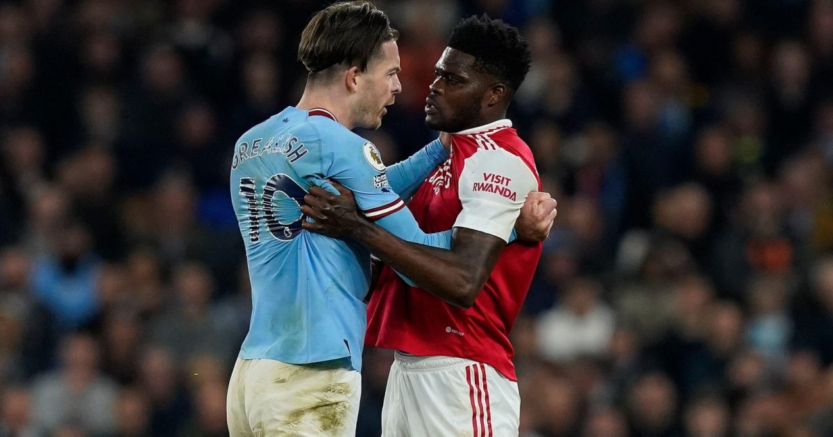 Jack Grealish of Manchester City has an altercation with Thomas Partey of Arsenal during the Premier League match at the Etihad Stadium, Manchester, April 2023.