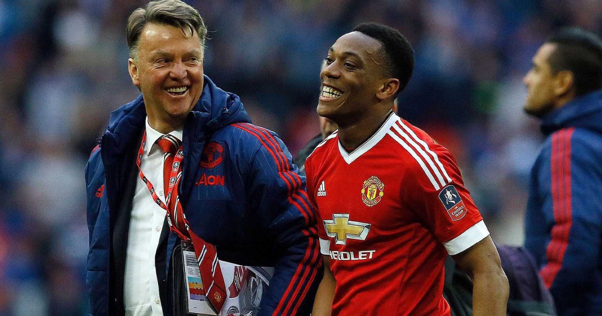 United’s manager Louis van Gaal, left, and United’s Anthony Martial are all smile after winning the English FA Cup semifinal soccer match between Everton and Manchester United at Wembley stadium in London, Saturday, April 23, 2016