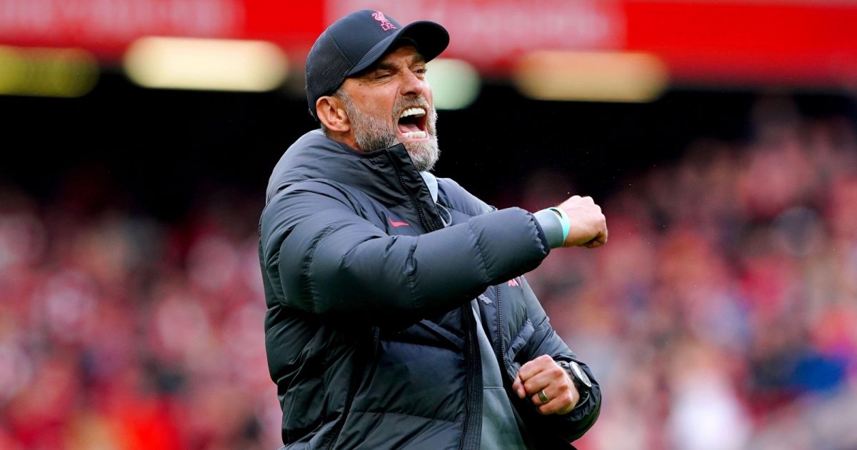 Jurgen Klopp celebrates after Liverpool's Premier League victory over Tottenham Hotspur at Anfield, Liverpool, April 2023.