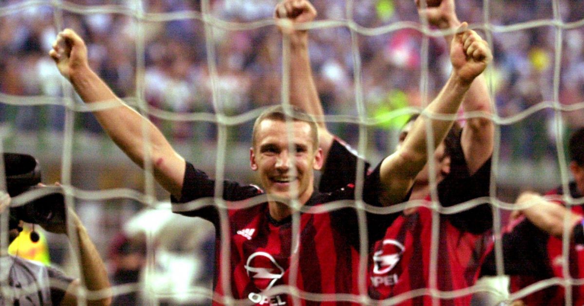 Andriy Shevchenko celebrates after the UEFA Champions League match between Internazionale and AC Milan at San Siro, Milan, May 2003.