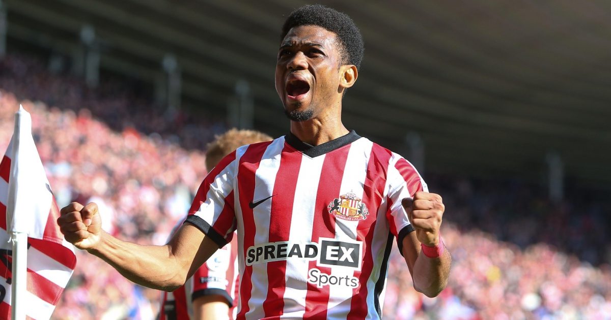 Amad Diallo celebrates scoring for Sunderland in their Championship match against Birmingham City at Stadium of Light, Sunderland, May 2023.