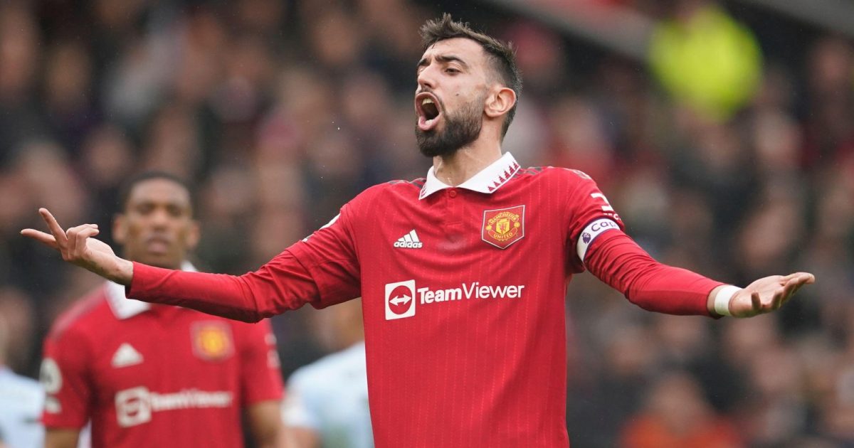 Manchester United's Bruno Fernandes reacts during the English Premier League soccer match between Manchester United and Aston Villa at the Old Trafford stadium in Manchester, England, Sunday, April 30, 2023.