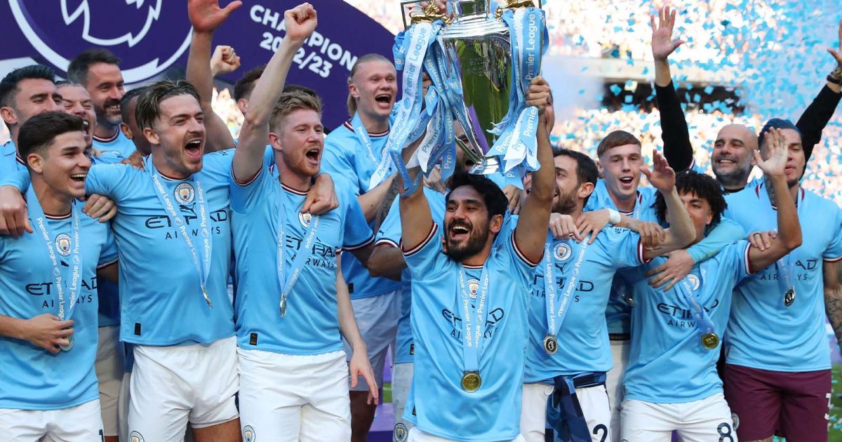 Manchester, UK. 22nd May, 2023. Manchester City's players celebrate with the Premier League trophy after the English Premier League football match between Manchester City and Chelsea in Manchester, Britain, May 21, 2023.