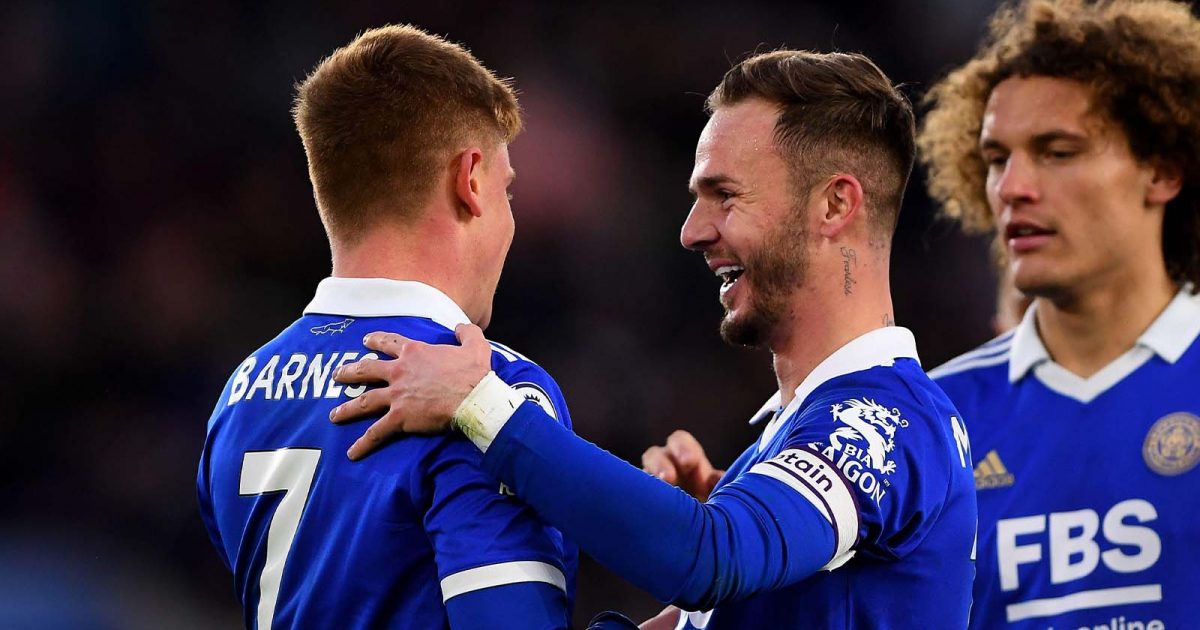 James Maddison of Leicester City celebrates after Harvey Barnes of Leicester City scored a goal to make it 4-1 during the Premier League match between Leicester City and Tottenham Hotspur at the King Power Stadium,