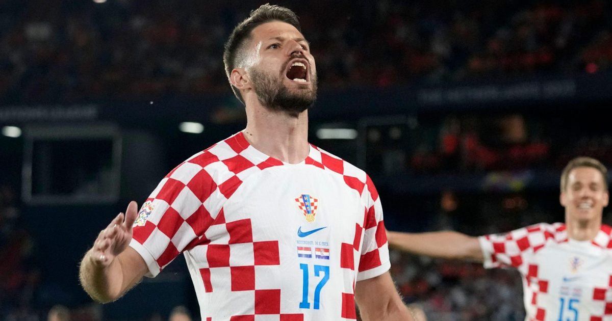 Croatia's Bruno Petkovic celebrates after scoring his side's third goal during the Nations League semifinal soccer match between the Netherlands and Croatia at De Kuip stadium in Rotterdam, Netherlands, Wednesday, June 14, 2023.