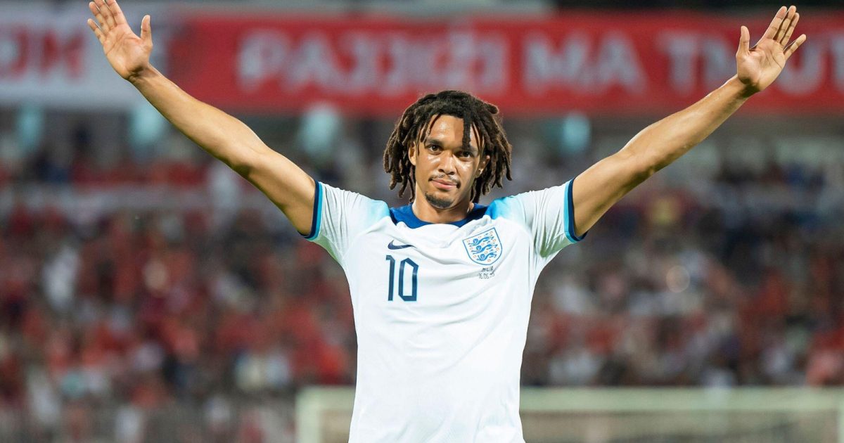 England's Trent Alexander Arnold celebrates after scoring his side's second goal during the Euro 2024 group C qualifying soccer match between Malta and England at the National stadium in Ta' Qali, near Valletta, Malta, Friday, June 16, 2023.