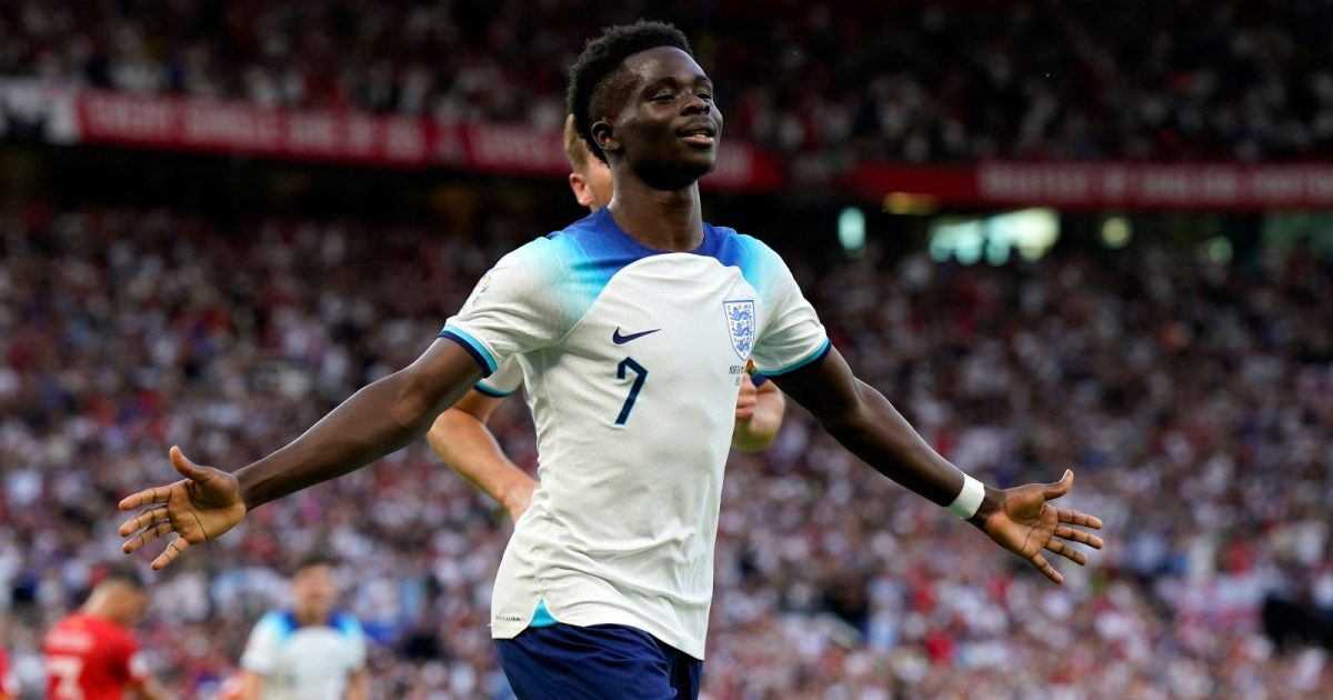 Manchester, UK. 19th June, 2023. Bukayo Saka of England celebrates scoring his sides second goal during the UEFA European Championship Qualifying match at Old Trafford, Manchester.
