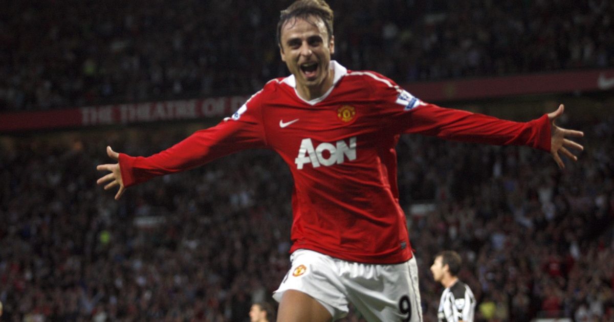 Dimitar Berbatov celebrates scoring for Manchester United against Newcastle United at Old Trafford, Manchester, August 2010.