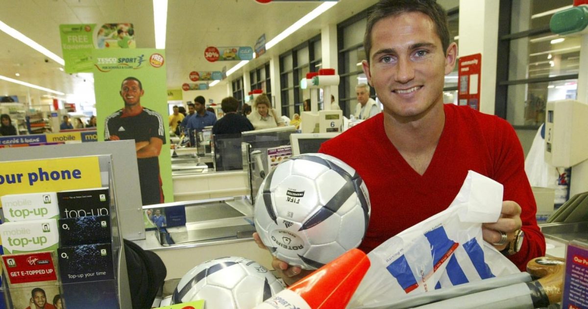 Chelsea and England football star Frank Lampard in Tesco Kensington to launch Tesco's Sport for Schools and Clubs Initiative, a voucher scheme for free sports equipment and professional coaching aimed at school children, west London, Wednesday 21 September 2005