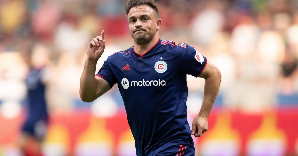 Chicago Fire's Xherdan Shaqiri celebrates his goal against the Vancouver Whitecaps during the first half of an MLS soccer match Saturday, July 23, 2022, in Vancouver, British Columbia.