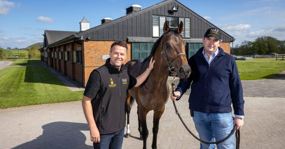 Michael Owen and trainer Hugo Palmer with horse Mr McCann.