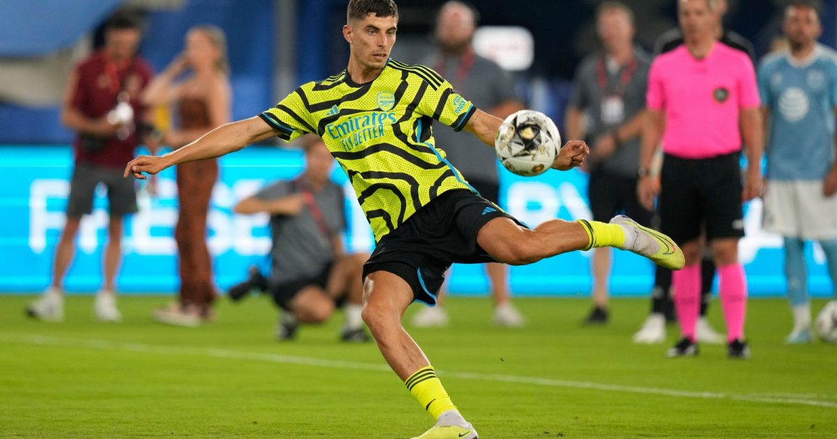Arsenal midfielder Kai Havertz competes during the cross and volley challenge segment of the MLS All-Star Skills Challenge against the MLS All-Stars, Tuesday, July 18, 2023, in Washington.
