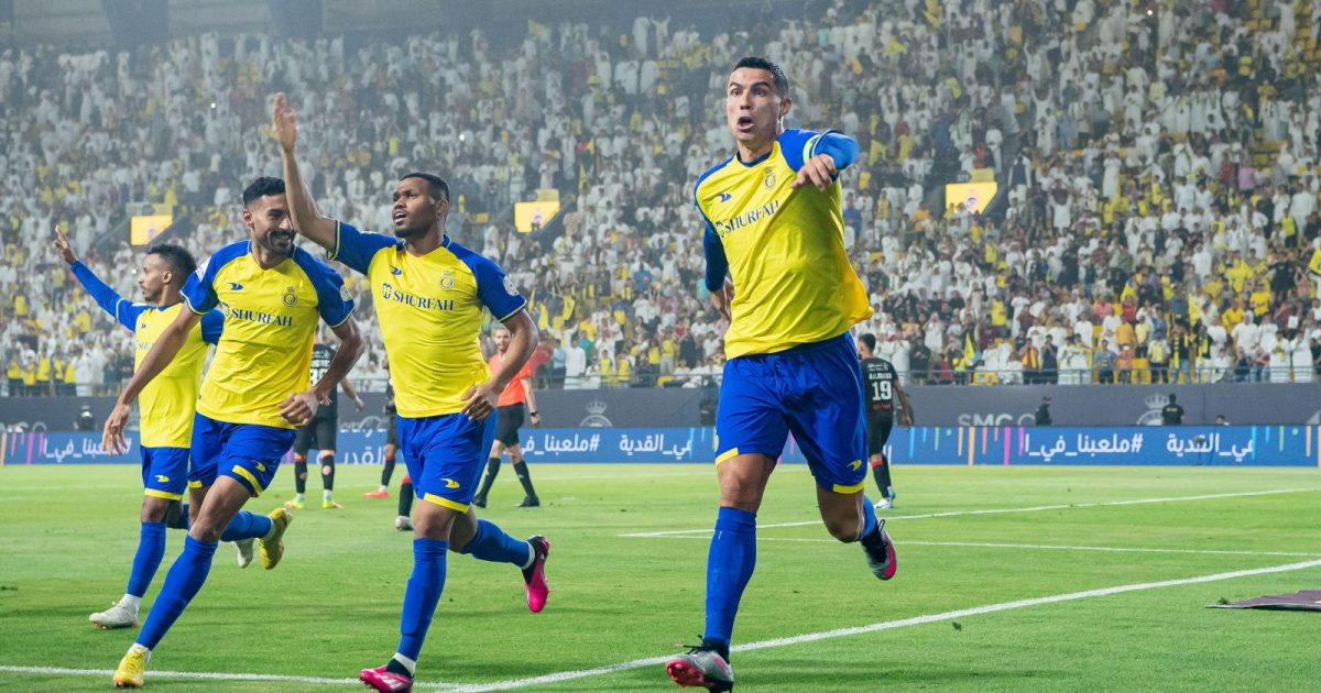Cristiano Ronaldo of Al-Nassr FC celebrates after scoring against Al-Raed FC during their SAFF Roshn Saudi Pro League 2023-24 Match Day 24 at Al-Awwal Park Stadium on April 29, 2023 in Riyadh, Saudi Arabia.