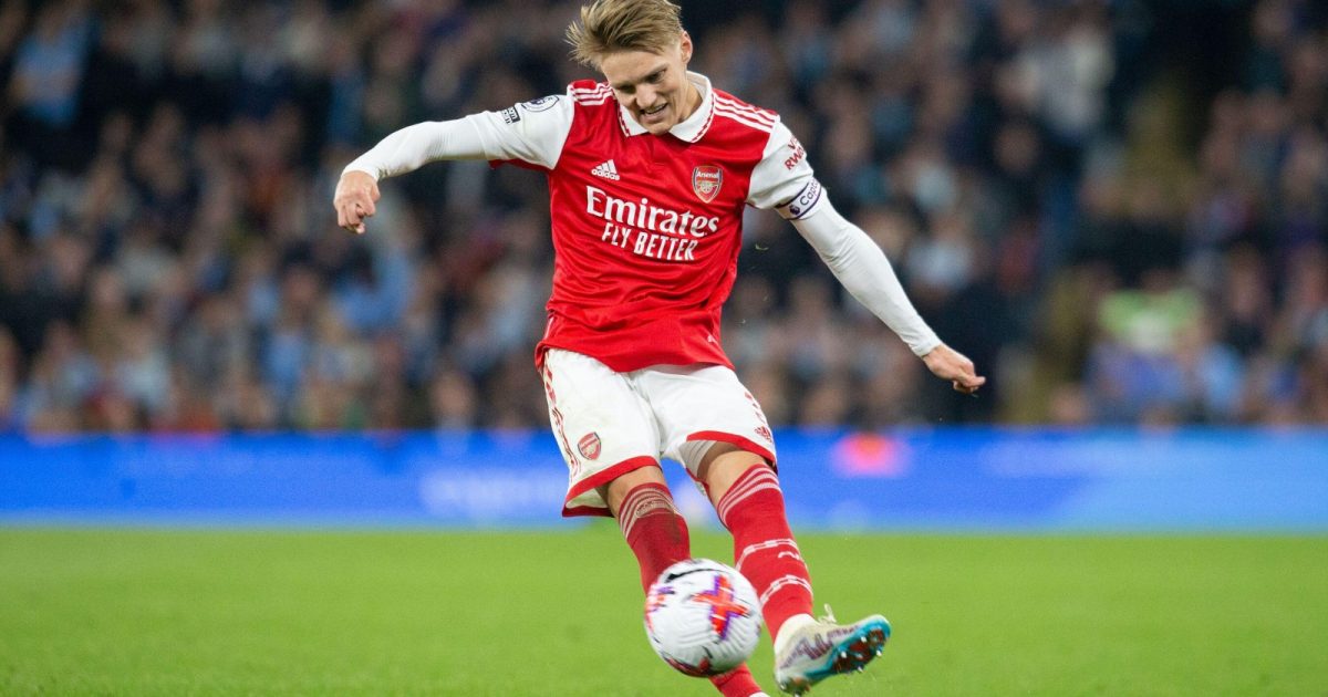 Manchester, England - 26 April 2023, Arsenal midfielder Martin Odegaard during the English championship Premier League football match between Manchester City and Arsenal on 26 April 2023 at the Etihad Stadium in Manchester, England
