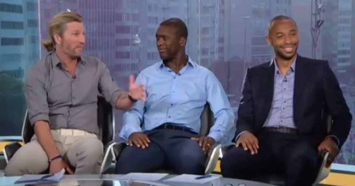 Robbie Savage, Clarence Seedorf and Thierry Henry during the BBC's coverage of the 2014 World Cup match between France and Honduras in Rio de Janiero, Brazil, June 2014.