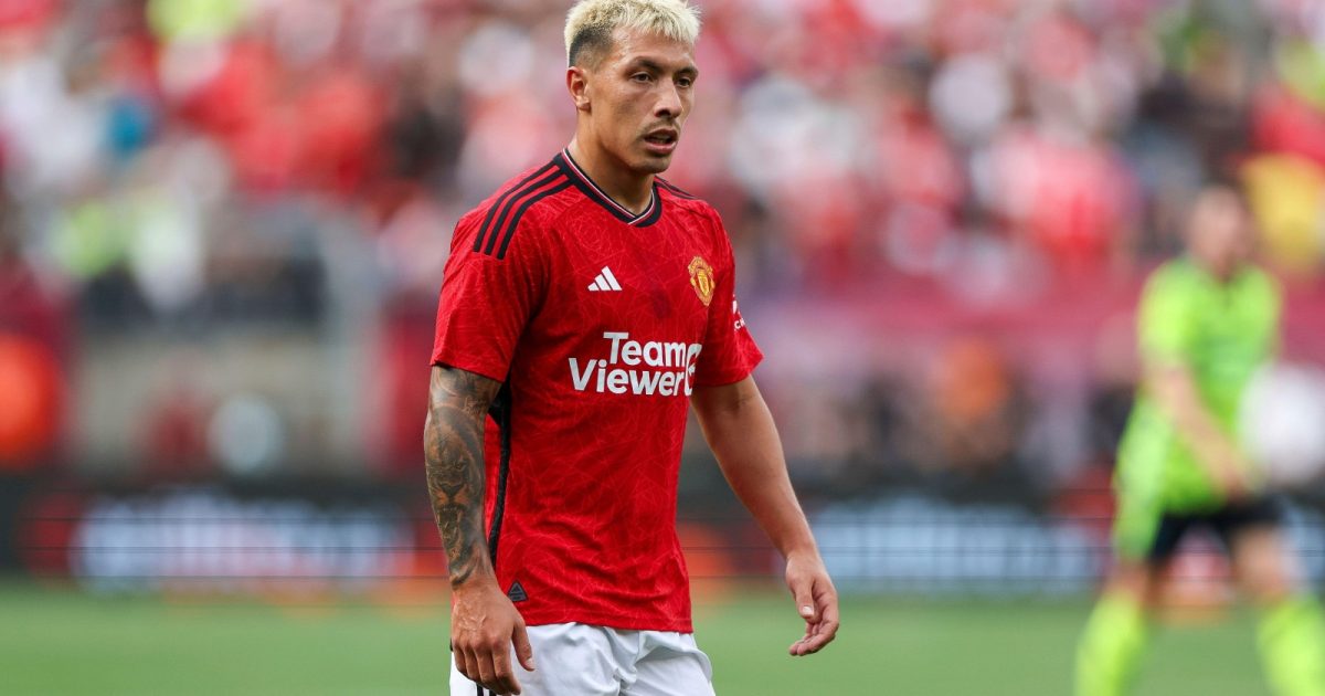 Manchester United defender Lisandro Martinez (6) looks on during a match between Arsenal and Manchester United on July 22, 2023, at MetLife Stadium in East Rutherford, New Jersey.