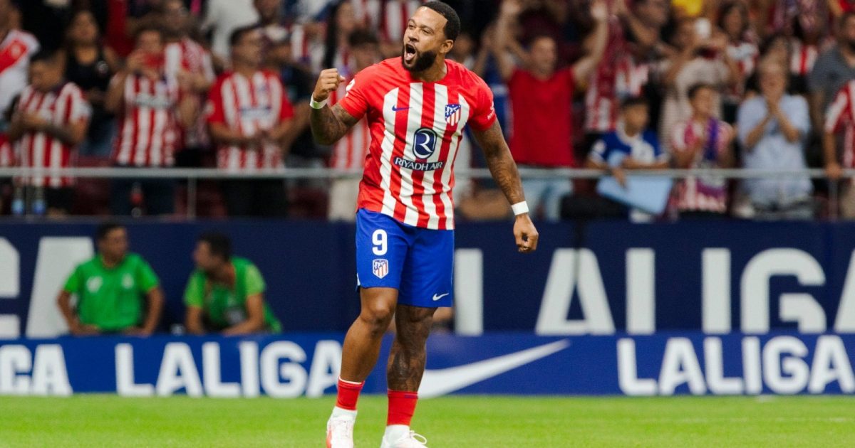Memphis Depay of Atletico de Madrid icelebrates a goal during the LaLiga EA Sports 2023/24 match between Atletico de Madrid and Granada at Civitas Metropolitano Stadium in Madrid on AUGUST 14, 2023.