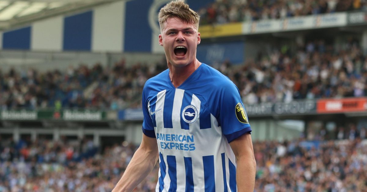 Brighton and Hove, UK. 12th Aug, 2023. Evan Ferguson of Brighton and Hove Albion celebrates after he scores to make it 4-1 during the Premier League match at the AMEX Stadium, Brighton and Hove.