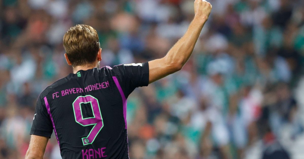Harry Kane celebrates scoring for Bayern Munich in their Bundesliga match against Werder Bremen at Weserstadion, Bremen, August 2023.