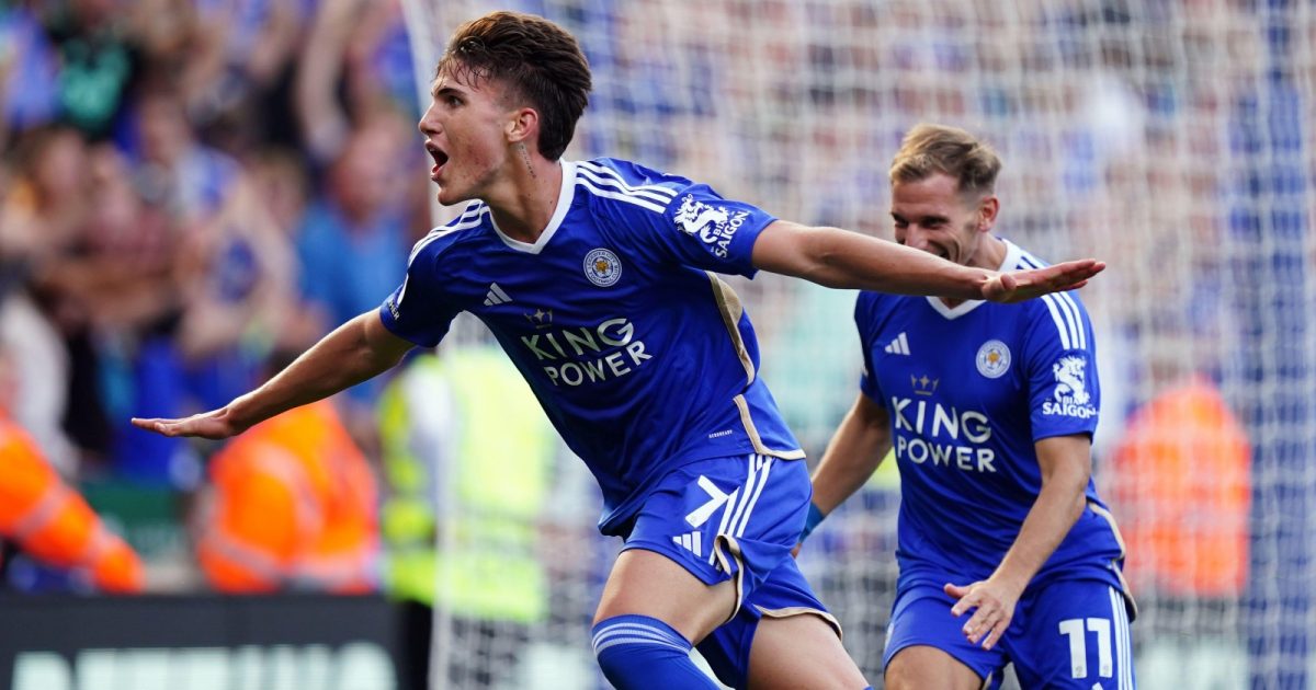 Leicester City's Cesare Casadei celebrates scoring his sides second goal during the Sky Bet Championship match at the King Power Stadium, Leicester. Picture date: Saturday August 19, 2023.