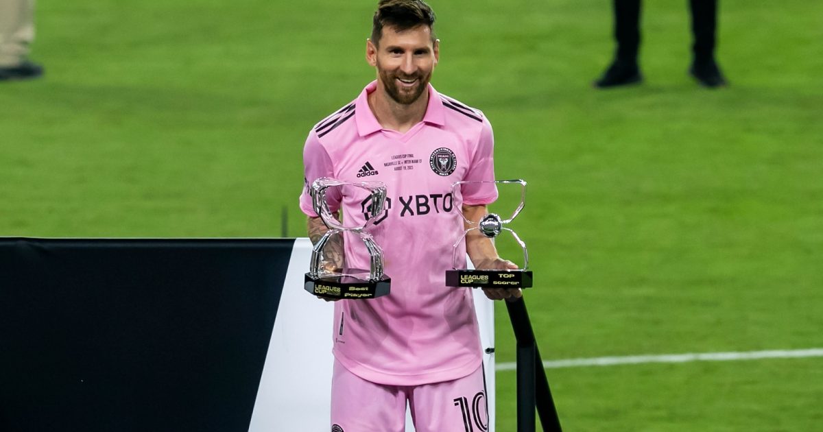 Lionel Messi Inter Miami Leagues Cup 2023 Best Player Top Scorer trophies