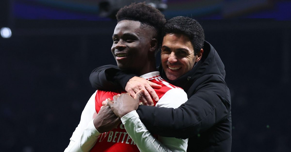 London, UK. 15th Jan, 2023. Bukayo Saka of Arsenal hugged by Mikel Arteta manager of Arsenal during the Premier League match at the Tottenham Hotspur Stadium, London.