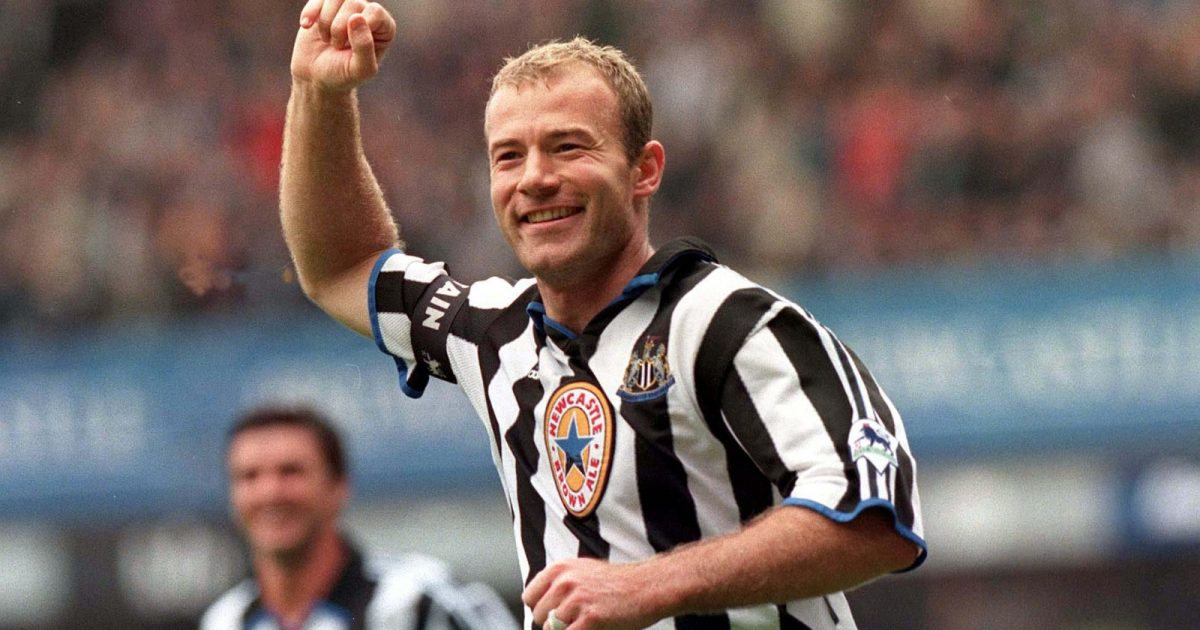 Alan Shearer celebrates scoring his second penalty and fifth goal for Newcastle United against Sheffield Wednesday in the Premiership football match held at St James Park, Newcastle.