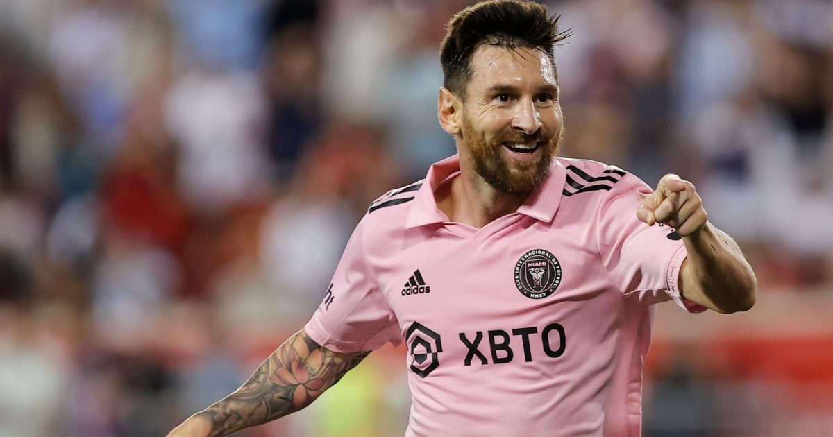 Inter Miami forward Lionel Messi celebrates after his goal against the New York Red Bulls during an MLS soccer match at Red Bull Arena, Saturday, Aug. 26, 2023, in Harrison, N.J.